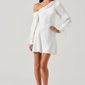 Astr Asymmetrical Off Shoulder White Dress with Feather Accents